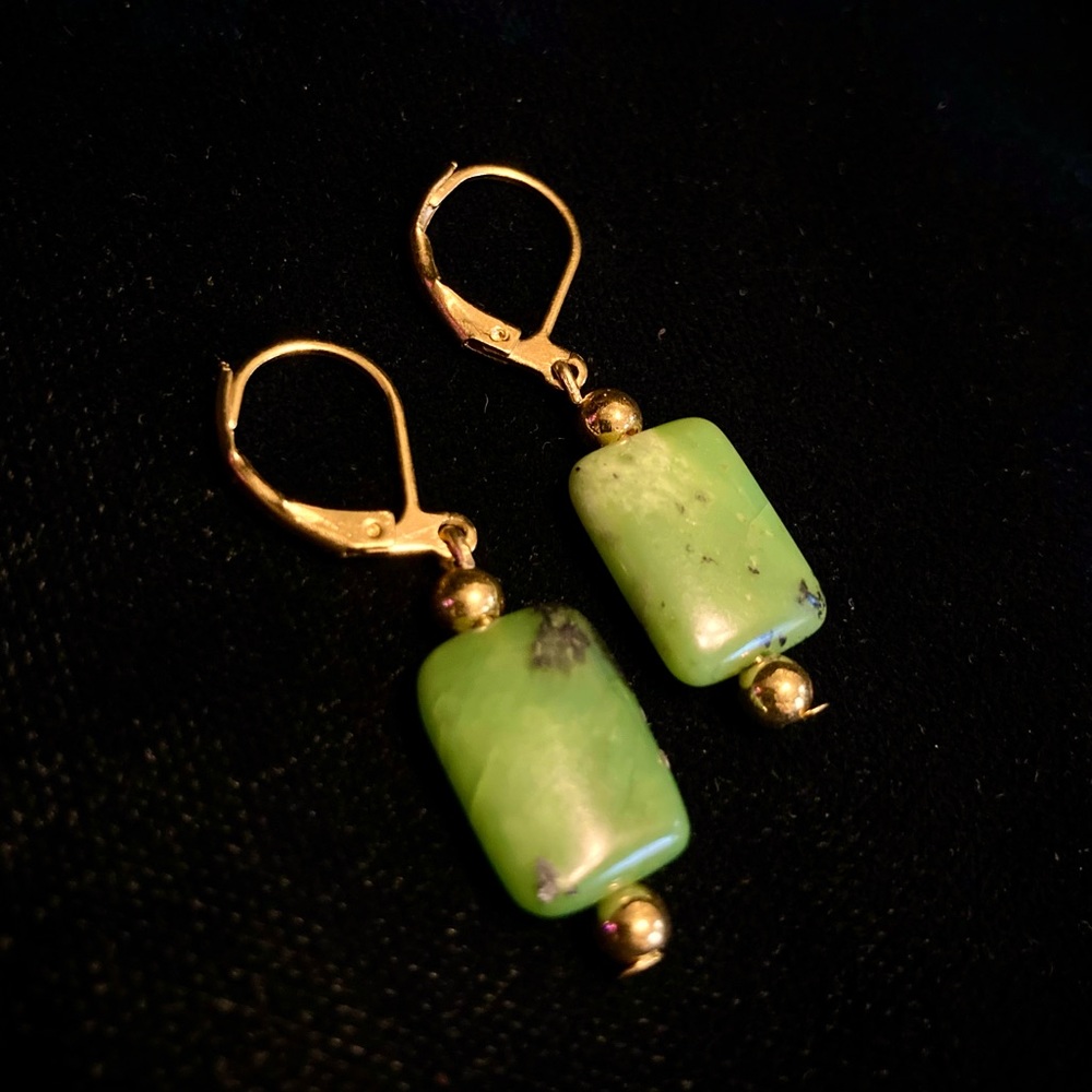 New Green Onyx Rectangular Dangle Drop Lever Back Earrings with Golden Accents